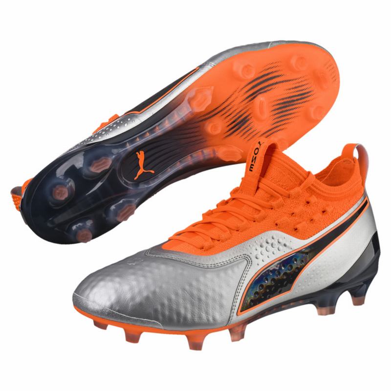 Chaussure de Foot Puma One 1 Cuir Fg/Ag Homme Argent/Orange/Noir Soldes 825KQSPW